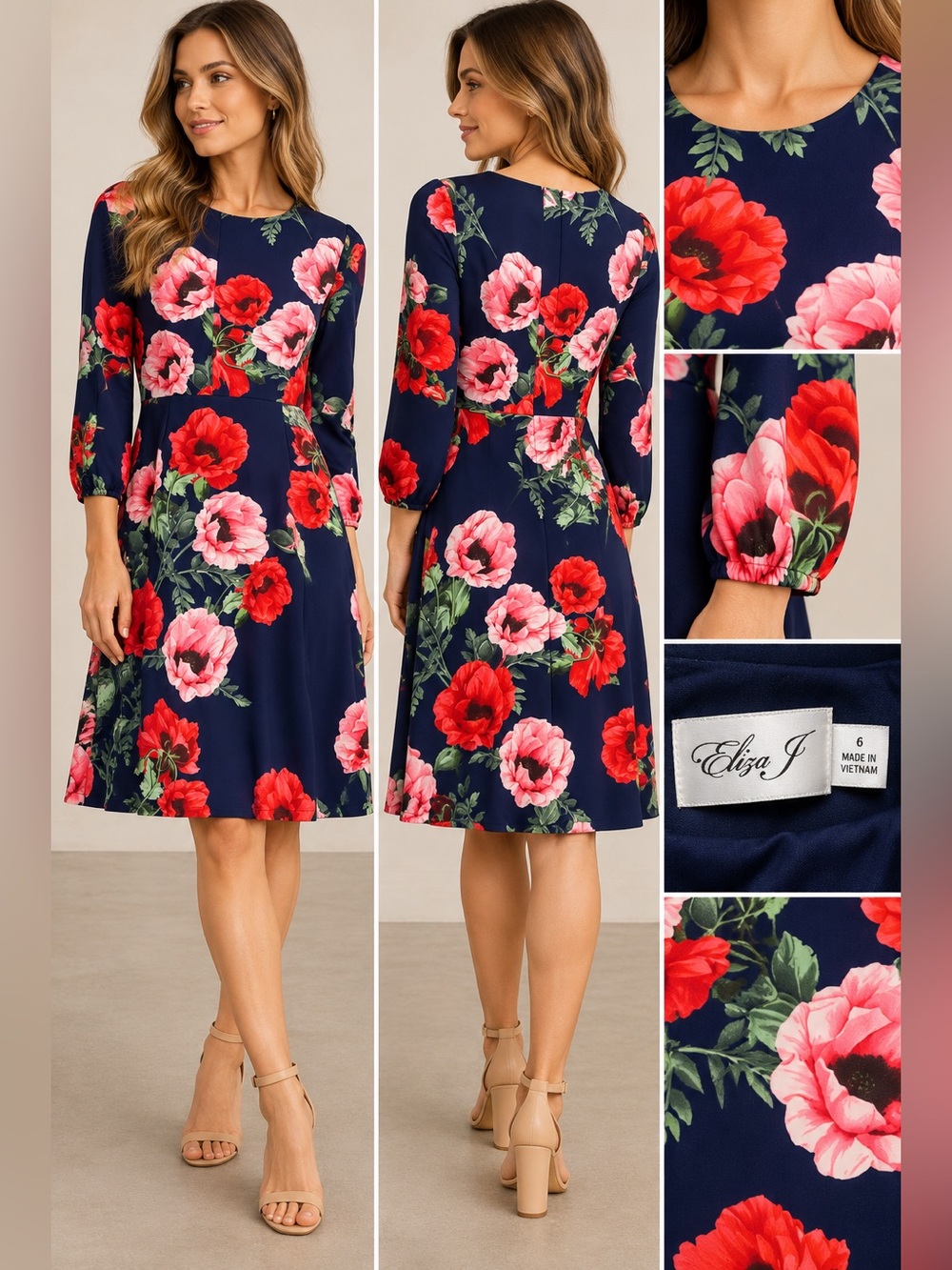 Eliza J Navy Floral Long-Sleeve Fit & Flare Dress - Red & Pink Blooms